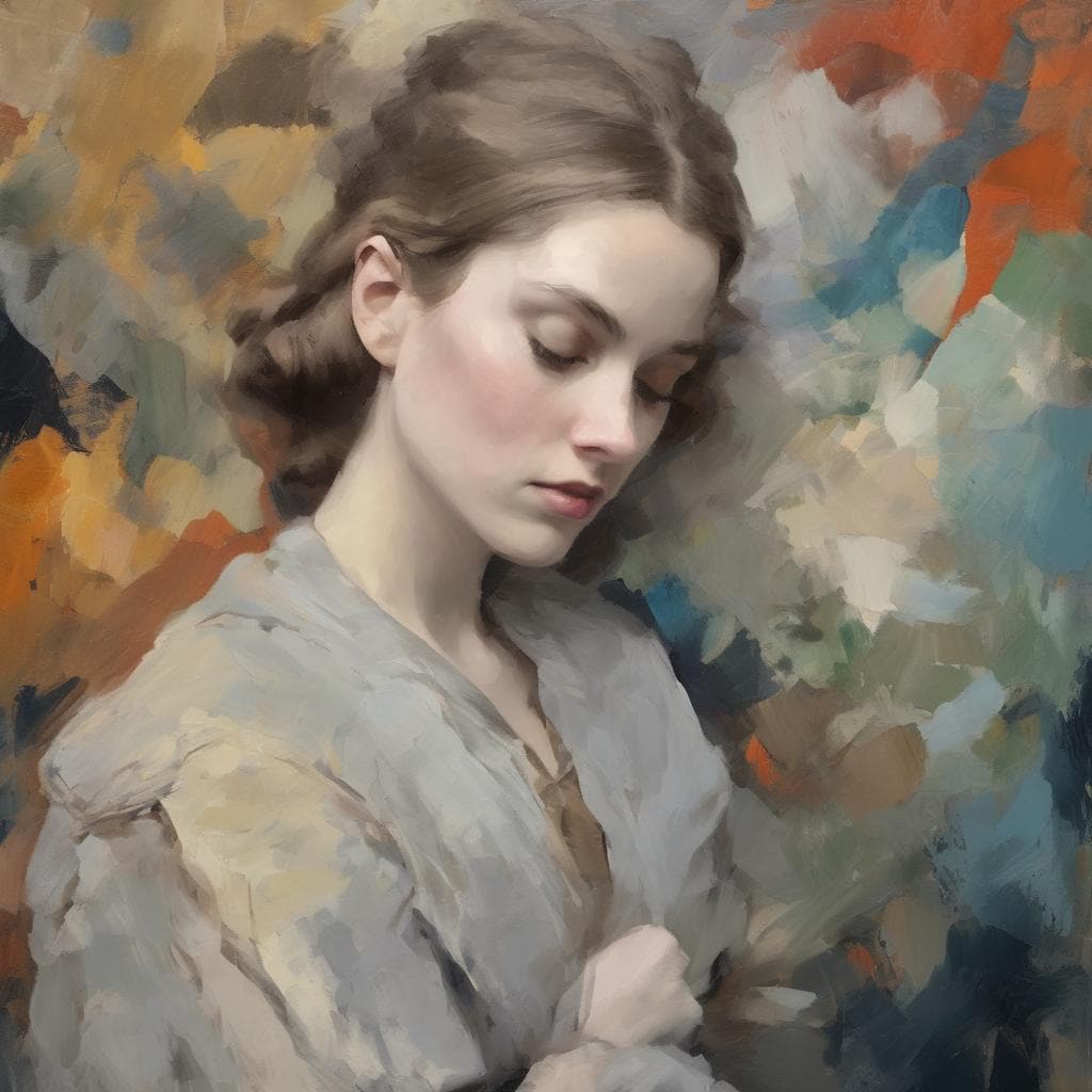 Χαριτωμένη νεαρή γυναίκα με καστανά μαλλιά και γυρισμένα μάτια σε πορτρέτο ζωγραφικής άποψη.