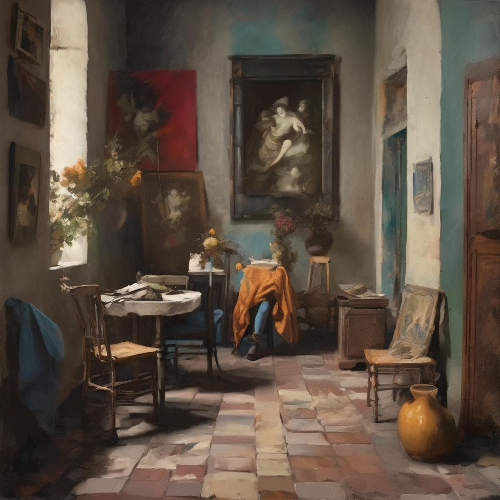 Ανθοστολισμένο εσωτερικό χώρο με πίνακες ζωγραφικής και χειροκίνητα έπιπλα, αναδεικνύοντας γυναίκες καλλιτέχνιδες και το έργο τους.